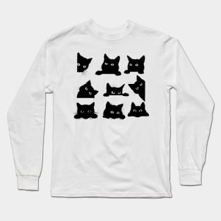 Cute Funny Black Cat in Different Positions Artwork Long Sleeve T-Shirt